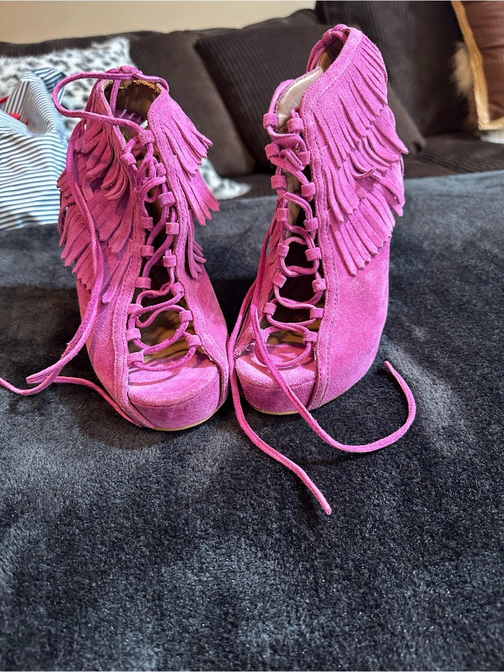 Colin Stuart Hot Pink Suede Fringe Lace-Up Platform Heels